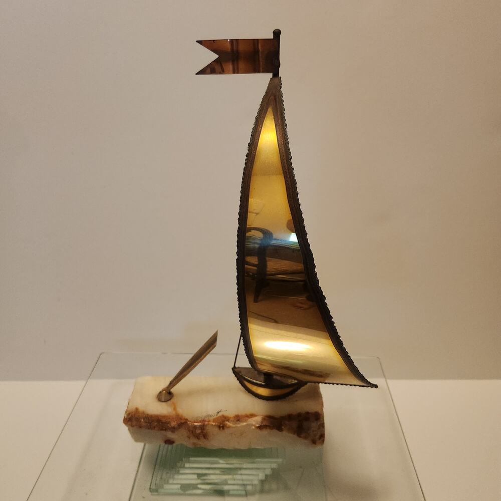 MCM Vintage 13" Sailboat Nautical stone and brass Pen holder signed
